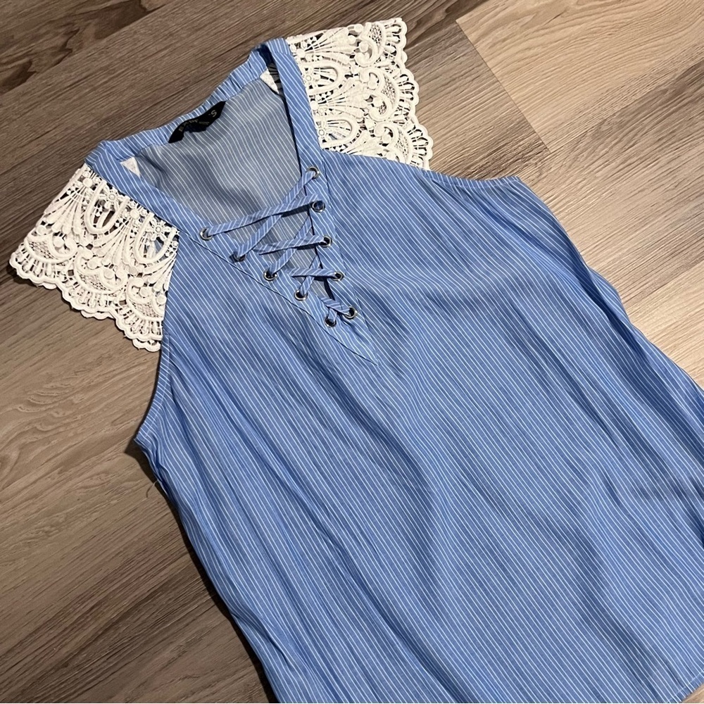 Express Blue Striped Top with White Lace Sleeves